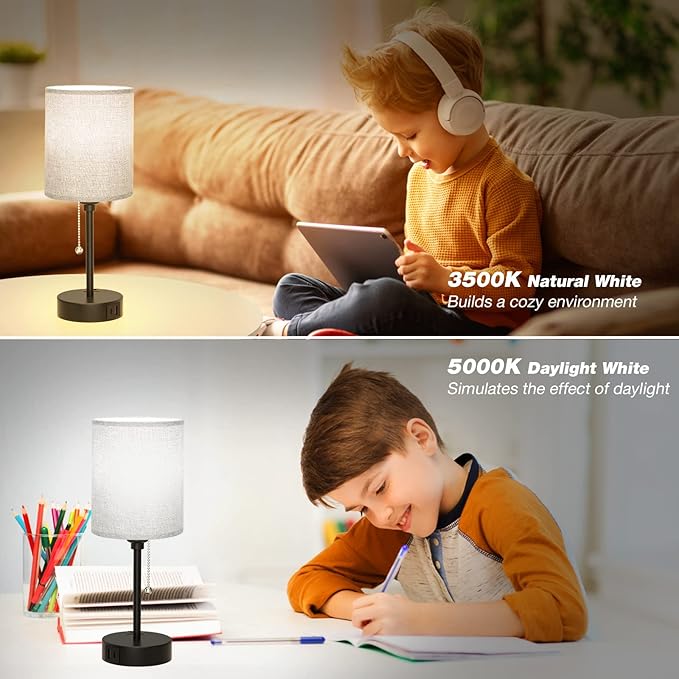 Grey Nightstand Lamps 3 Color Temperatures - 2700K 3500K 5000K Bedside Lamps with USB C and A Ports, Pull Chain Table Lamps with AC Outlet, Small Lamps with Black Metal Base for Sleeping Reading - LeafyLoom