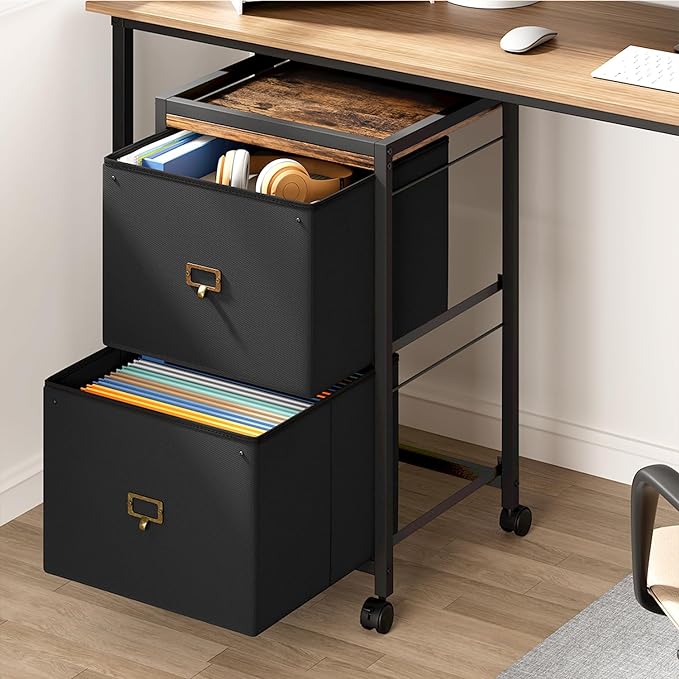 File Cabinet with 2 Drawers, Mobile Filing Cabinet Fits Letter Size or A4, Fabric Vertical File Cabinet on Wheels, File Cabinet for Home Office, Small Under Desk Storage Cabinet, Black - LeafyLoom