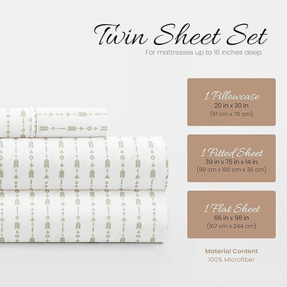 Linen Market 3 Piece Twin Bedding Sheet Set (Sage Arrows) - Sleep Better Than Ever with These Ultra-Soft & Cooling Bed Sheets for Your Twin Size Bed - Deep Pocket Fits 16" Mattress - LeafyLoom