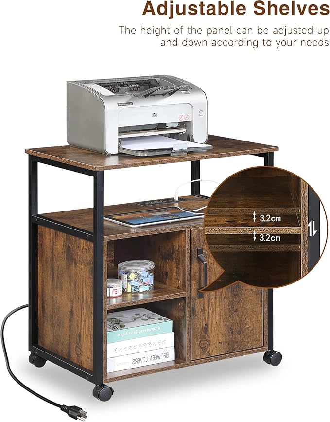 Lateral File Cabinet,Office Filing Cabinets with Socket and USB Charging Port,Modern Rolling Printer Stand with Storage for A4, Letter Size and File Folders,for home office, Rustic Brown - LeafyLoom