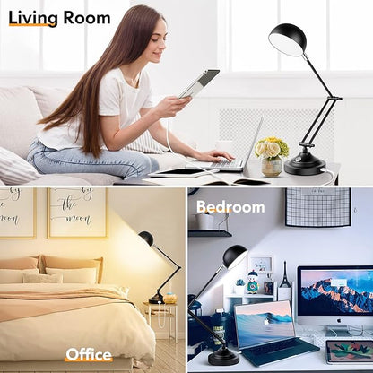 Touch Control LED Desk Lamp with USB Charging Port, Architect Black Metal Lamp with Adjustable Swing Arm, Dimmable Modern Table Lamp for Home Office Reading Study, 3000K/4000K/5000K 3 Color Modes - LeafyLoom