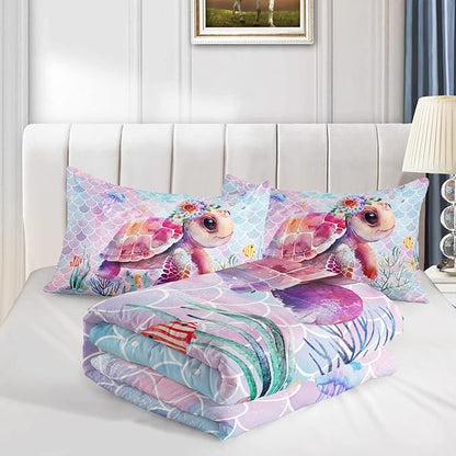 Axolotl Turtle Bedding Set Twin,Colorful Underwater World Comforter Set for Kids Boys Girls Teens,Ocean Comforter Set with Jellyfish,Kids Bedding Set Print Colorful Fish Scales,1 Quilt 2 Pillowcases - LeafyLoom