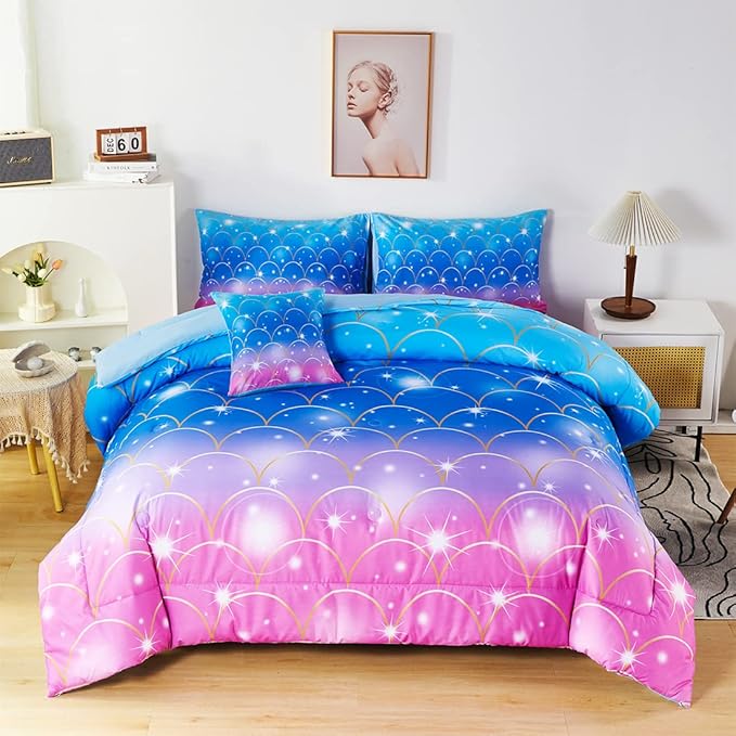 URBONUR 6 Pcs Mermaid Comforter Set Twin Size Gradient Pink and Blue Twin Bedding Sets for Girls/Kids/Teen, Colorful Glitter Printed Bed in a Bag Comforter with Sheet Set - LeafyLoom