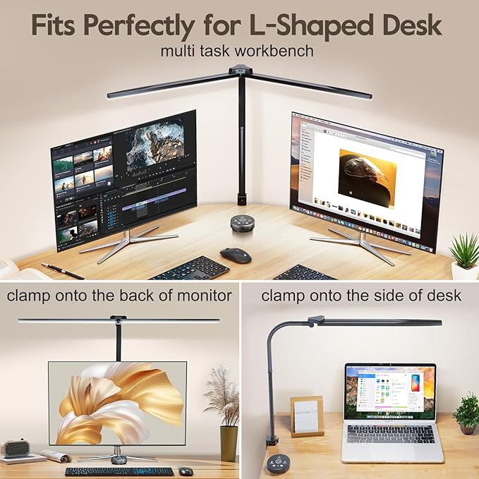 Brightown LED Desk Lamp for Office Home, 24W Double Head Architect Desk Lamp with Clamp, Remote Control, Hand Sweep Switch, Stepless Lighting, Flexible Gooseneck Dimming Table Light - LeafyLoom