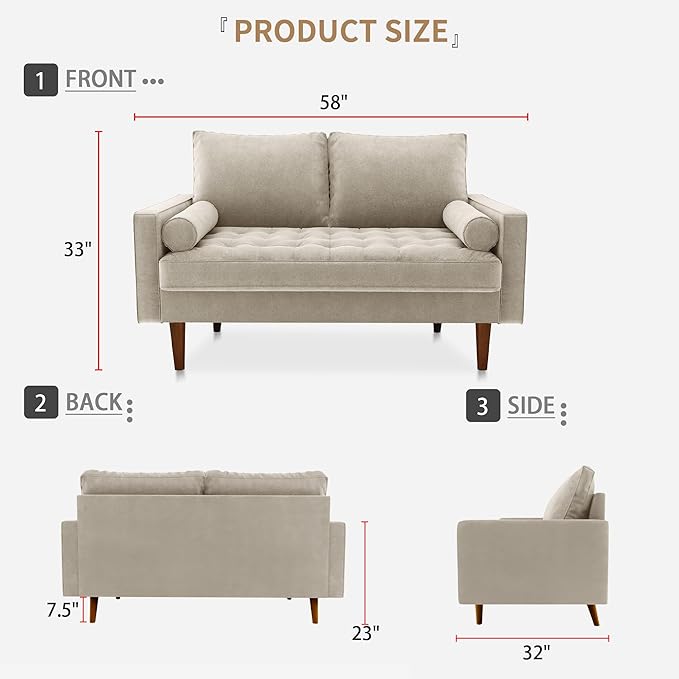 Velvet Furniture for Small Spaces, Mid-Century Modern Loveseats for Living Room, Love Seat Couch Sofas, 58 Inches, Beige - LeafyLoom