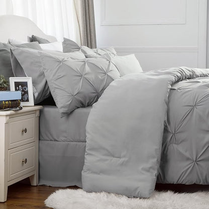 Bedsure Queen Comforter Set - Bed in a Bag Queen 7 Pieces, Pintuck Bedding Sets Grey Bed Set with Comforter, Sheets, Pillowcases & Shams - LeafyLoom