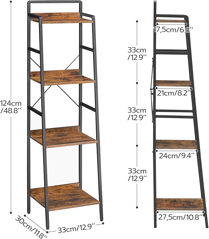 HOOBRO Bookcase, 4-Tier Narrow Bookshelf, Industrial Ladder Shelf, Skinny Bookshelf for Small Spaces, Corner Storage Shelf for Home Office, Living Room, Rustic Brown and Black BF34SJ01 - LeafyLoom