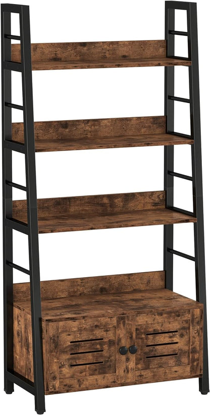 IRONCK Bookshelf with Louvered Doors, 3-Tier Ladder Shelf with Cabinet Industrial Accent Furniture for Bedroom Living Room Home Office, Rustic Brown - LeafyLoom