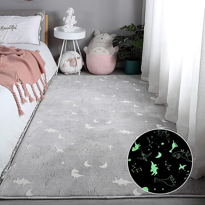 Eanpet Large Playroom Rug for Kids Glow in The Dark Dino Area Rugs for Boys Girls Toddlers Bedroom Decorative 5x7 Grey Play Mat for Babies 1-3 Years - LeafyLoom