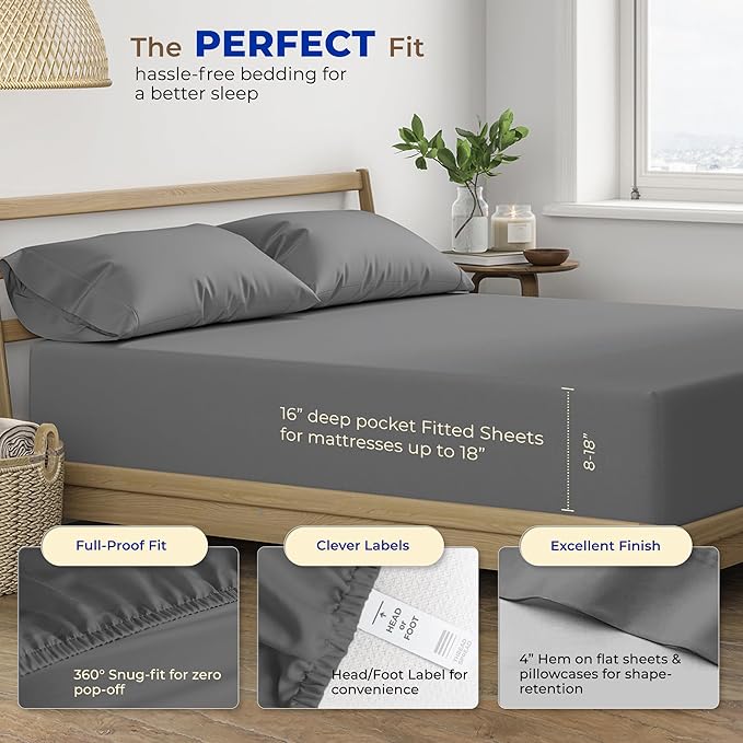 THREAD SPREAD 100% Egyptian Cotton Sheets Queen Size - 600 Thread Count Sheets Queen, 4 PC Luxury Sheets Queen Size, Soft, Cooling Sateen Weave Deep Pocket Sheet Set, Fits Mattress upto 18"- Dark Grey - LeafyLoom