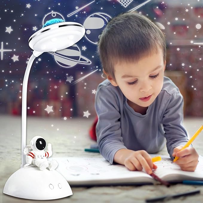 LED Desk Lamp for Kids, Star Projector Galaxy Night Light, Astronaut Cute Small Desk Lamps with USB Charging Port, Eye-Caring Study Table Lamp for Boys Bedroom, Gifts for Christmas, Birthdays - LeafyLoom