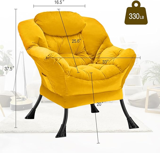 Fabric Lazy Chair Large Accent Chair,Velvet Frabic Modern Lounge Reading Chair with Armrests & Side Pocket,Upholstered Armchair for Living Room,Bedroom,Dorm,Yellow - LeafyLoom