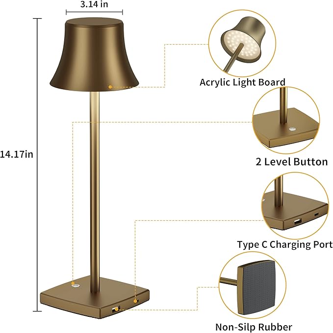 Cordless Table Lamp, Rechargeable Battery 5000mAh Metal USB LED Portable Powered Desk Lamp, 3 Levels for Restaurants Bedroom Outdoor (Antiqued gold) - LeafyLoom