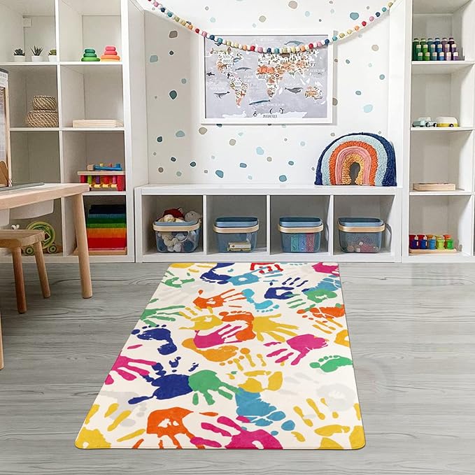 Handprints and Footprints Kids Rug for Playroom, 3'x5' Washable Colorful Nursery Rug for Boys and Girls Room, Ultra Soft Non-Slip Carpet Indoor Mat for Classroom Bedroom - LeafyLoom