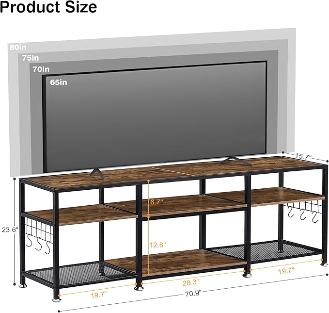 VECELO TV Stand for Televisions up to 75 Inch, Industrial Entertainment Center with 3-Tier Open Storage Shelves& Hooks for Living, Bedroom and Gaming Room, 70 Inch, Retro Brown - LeafyLoom