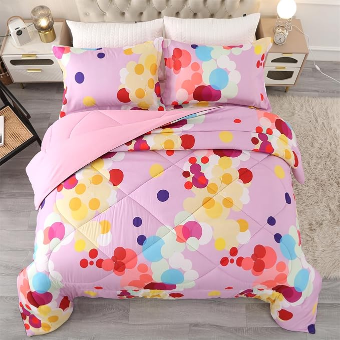 ENCOFT Pink Comforter Set Full for Girls and Boys Premium 3 Piece Rainbow Colorful Bubbles Bedding Set Kids Bed in A Bag All Season Comfortable for Teens and Adults with 1 Comforter and 2 Pillowcases - LeafyLoom