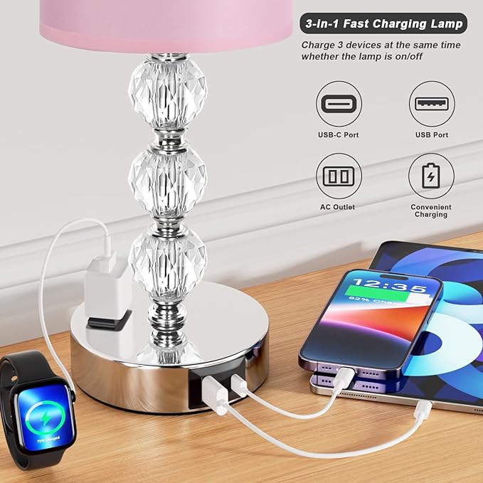 Pink Touch Bedside Lamps for Bedrooms - Crystal Table Lamp with USB C+A Charging Port and AC Outlet Nightstand, 3 Way Dimmable Silver Small End Side Table Lamp for Living/Guest/Dinning Room/Kitchen - LeafyLoom