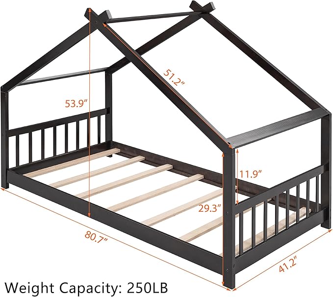 Montessori Floor Bed Frame Twin Size, Twin Floor Bed Frame with Headboard, Footboard and Slats, Wood Montessori Bed Frame/Montessori House Bed for Kids, Girls, Boys(Espresso) - LeafyLoom