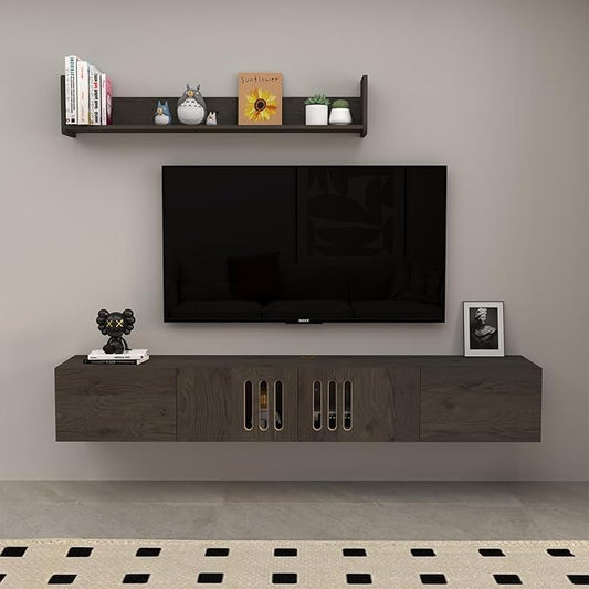 Pmnianhua Floating TV Stand,76'' Wall Mounted TV Cabinet, Mid Century TV Bench Under TV Entertainment Center Shelf TV Console Table with 4 Cabinets for Living Room Bedroom (Dark Grey) - LeafyLoom