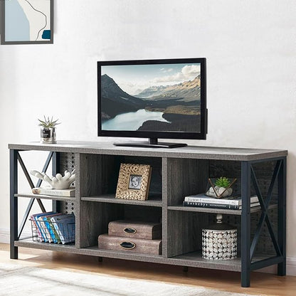 LVB TV Stand for 75 Inch TV, Long Modern Rustic Wood Entertainment Center, Large Industrial Metal Media Television Stands with Console Table Cabinet Storage for Living Bedroom, Light Gray Oak, 63 Inch - LeafyLoom