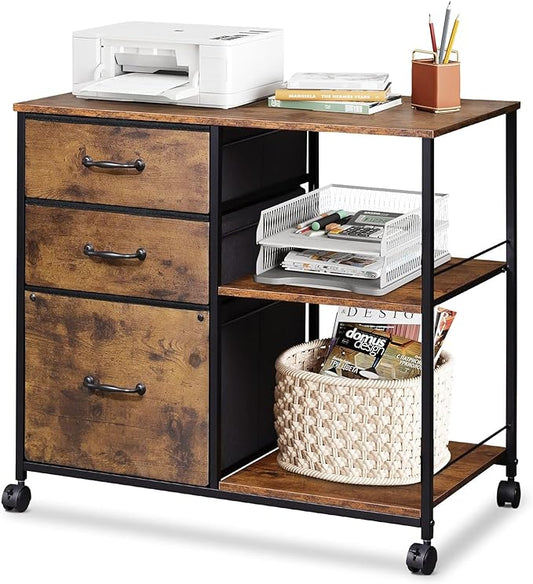 DEVAISE 3 Drawer Mobile File Cabinet, Rolling Printer Stand with Open Storage Shelf, Fabric Lateral Filing Cabinet fits A4 or Letter Size for Home Office, Rustic Brown Wood Grain Print - LeafyLoom