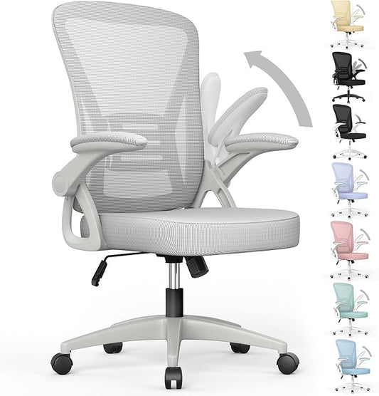 naspaluro Ergonomic Office Chair, Mid Back Desk Chair with Adjustable Height, Swivel Chair with Flip-Up Arms and Lumbar Support, Breathable Mesh Computer Chair for Home/Study/Working, Grey - LeafyLoom