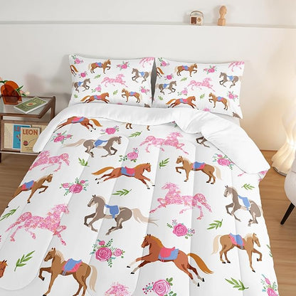 HOSIMA Kawaii Pink Rose Horse King Size Comforter Set,Cute Animal Horse Bedding Girls Teens Aesthetic Room Decor,Princess Toddler Bedding Set Cowboy Cowgirl Colorful Pony Comforter. - LeafyLoom