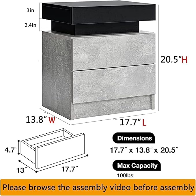 HOMMPA LED Nightstand Grey Matte Bedside Table with Led Lights Modern Night Stand with 2 Drawers Led Night Table Smart Nightstand for Bedroom 20.5” Tall - LeafyLoom