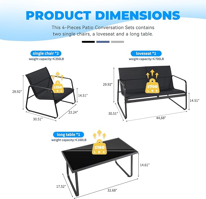 4 Pieces Patio Furniture Set Outdoor Patio Conversation Sets Poolside Lawn Chairs with Glass Coffee Table Porch Furniture for Courtyard, Garden and Balcony (Black) - LeafyLoom