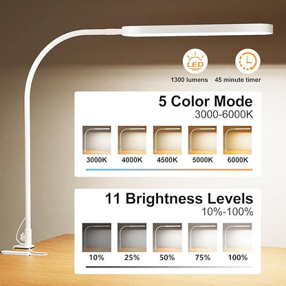 SKYLEO Desk Lamp - 33.5" Desk Light - Flexible Gooseneck - 5 Color Modes X 11 Brightness Levels - 1300LM - Timmer & Memory Function - 12W Clip on Light - White - LeafyLoom