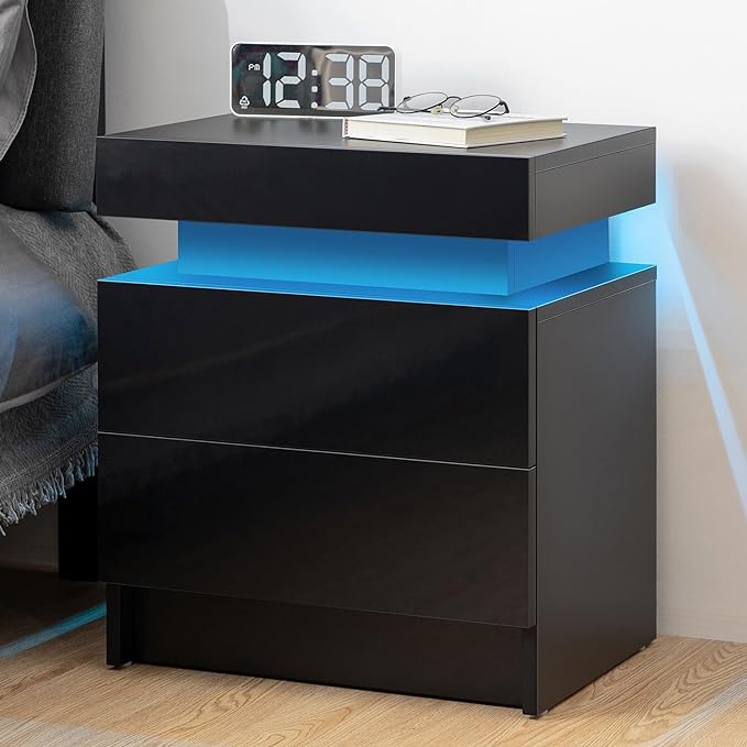 HOMMPA Set of 2 LED Nightstands Black Nightstand with Led Lights Modern Night Stand with 2 High Gloss Drawers Led Bedside Table Smart Nightstand for Bedroom 20.5” Tall - LeafyLoom