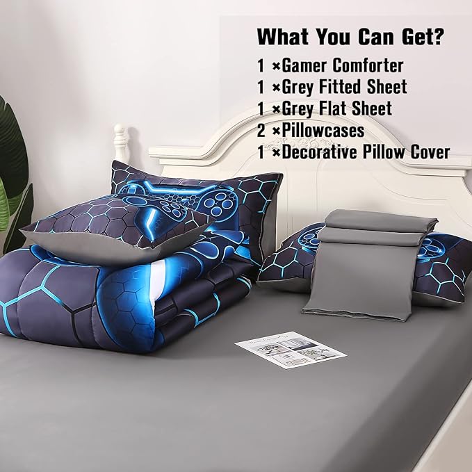 JQinHome Queen Gamer Comforter Set,6 Piece Bed in A Bag 3D Video Game Bedding -All Season Down Alternative Gamer Bedding Sets - (Blue Game Controller) - LeafyLoom