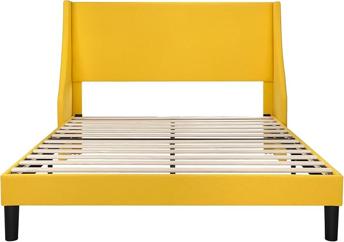 Allewie Full Size Bed Frame, Platform Bed Frame with Upholstered Headboard, Modern Deluxe Wingback, Wood Slat Support, Mattress Foundation, Light Yellow - LeafyLoom