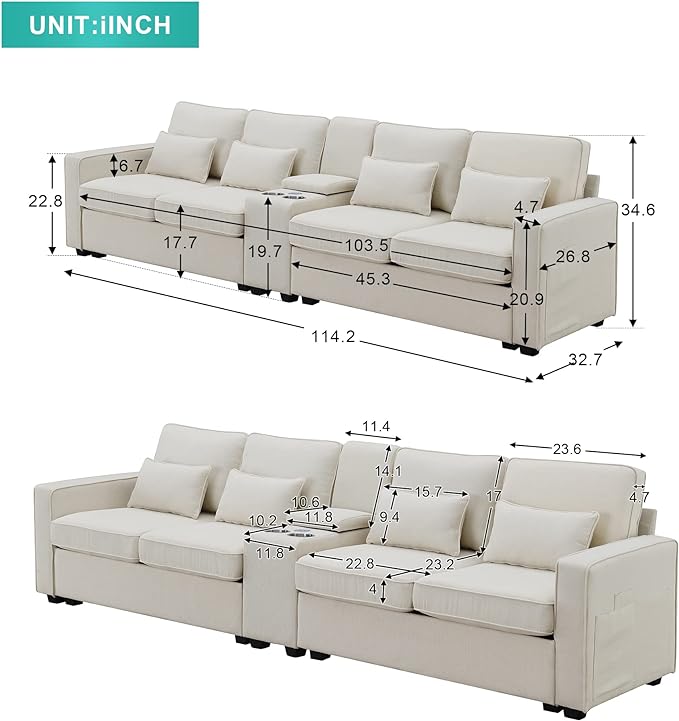 114.2" Linen Upholstered Sofa with Consoleand 2 USB Ports Wired or Wirelessly Charged,Modern 4-Seat Couches W/ 4 Pillows and Two Cupholders,for Living Room,Apartment,Beige - LeafyLoom