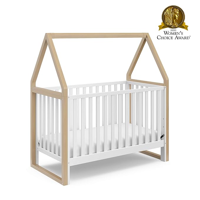 Storkcraft Orchard 5-in-1 Convertible Crib (White with Driftwood) – GREENGUARD Gold Certified, Canopy Style Baby Crib, Converts from Crib to Toddler Bed, Daybed and Full-Size Bed - LeafyLoom