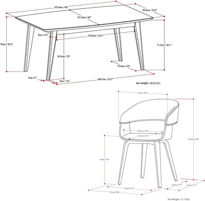 SIMPLIHOME Lowell / Draper Mid Century Modern 7 Pc Dining Set with 6 Upholstered Bentwood Dining Chairs in Grey Linen Look Fabric and 66 inch Wide Table for the Dining Room and Kitchen - LeafyLoom