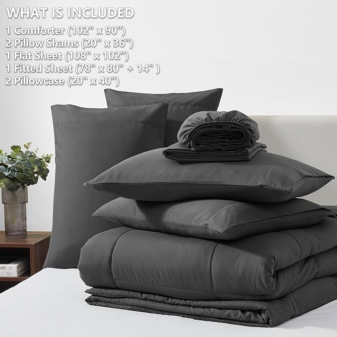 CozyLux King Size Comforter Set - 7 Pieces Bed in a Bag Set Dark Grey King, Grey Complete Bedding Sets Bed Set for All Season with Comforter, Flat Sheets, Fitted Sheet, Pillowcases & Shams - LeafyLoom