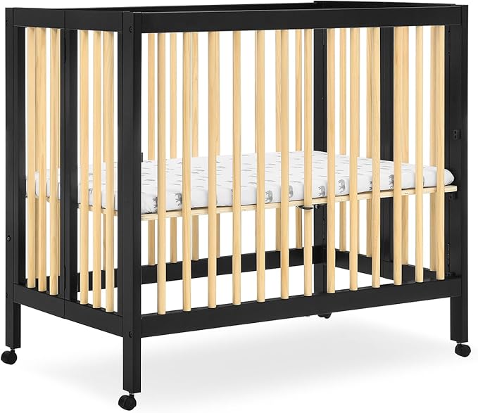 Delta Children Mia Portable Folding Mini Crib with 1.5-Inch Mattress - Greenguard Gold Certified, Ebony Black/Natural - LeafyLoom