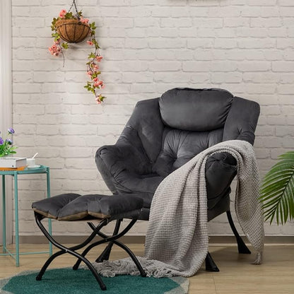 AbocoFur Fabric Lazy Chair with Foldable Ottoman, Accent Comfy Lounge Arm Chair and Folding Footrest Stool Set, Leisure Sofa Reading Chair and Footstool for Living Room, Bedroom, Dorm, Smoky Grey - LeafyLoom