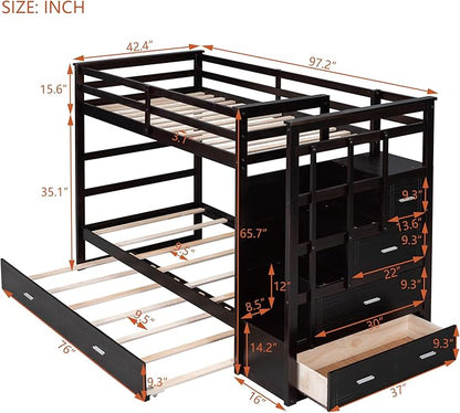 Twin Over Twin Bunk Bed with Stairs, 4 Storage Drawers and Trundle, Wooden Bunkbeds with Staircase and Full-Length Guardrails, for Kids/Teens/Adults, Espresso - LeafyLoom