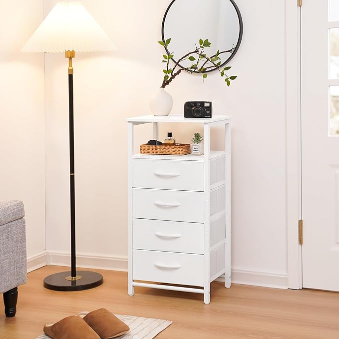 Yoobure Night Stand - LED White Nightstand with Charging Station, Bedside Table with 4 Storage Drawers and Storage Shelf, End Table with USB Ports and Outlets, Fabric Dresser for Bedroom - LeafyLoom