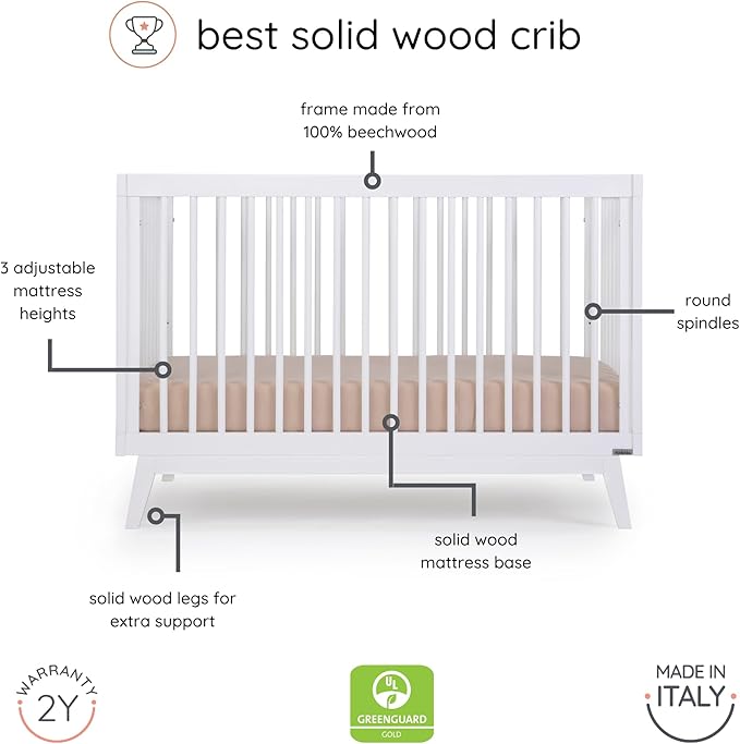 dadada Baby Soho 3-in-1 Convertible Crib to Toddler Bed – Wooden Crib Made in Italy, GREENGUARD Gold Certified Small Baby Crib – Baby-Safe Finish, Modern Design (White) - LeafyLoom