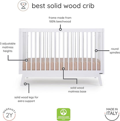 dadada Baby Soho 3-in-1 Convertible Crib to Toddler Bed – Wooden Crib Made in Italy, GREENGUARD Gold Certified Small Baby Crib – Baby-Safe Finish, Modern Design (White) - LeafyLoom