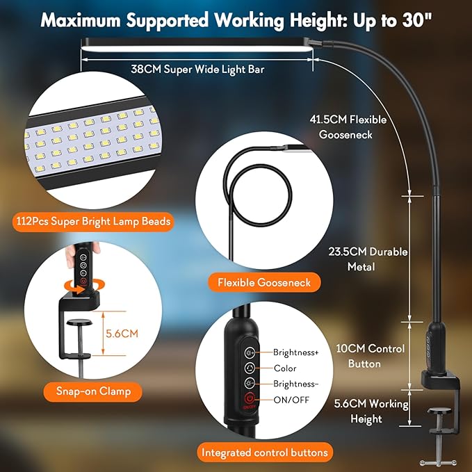 LED Desk Lamp with Clamp, Super Bright Desk Light with 11 Brightness, 5 Color Modes, Flexible Gooseneck Clip on Table Light, Eye-Caring Architect Task Desk Lamps for Home Office Study Reading - LeafyLoom