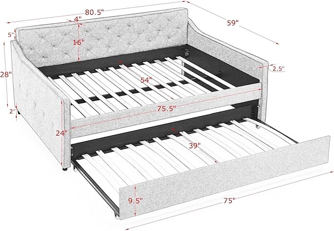 Full Size Upholstered Daybed with Twin Size Trundle, Tufted Sofa Bed w/Waved Shape Arms, for Bedroom Living Room, No Box Spring Needed & Space-Saving Design, Grey - LeafyLoom