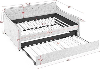 Full Size Upholstered Tufted Daybed with Twin Size Trundle, Pull Out Button on Back Bed, Waved Shape Arms for Bedroom, Living Room,No Need Boxing Spring - LeafyLoom