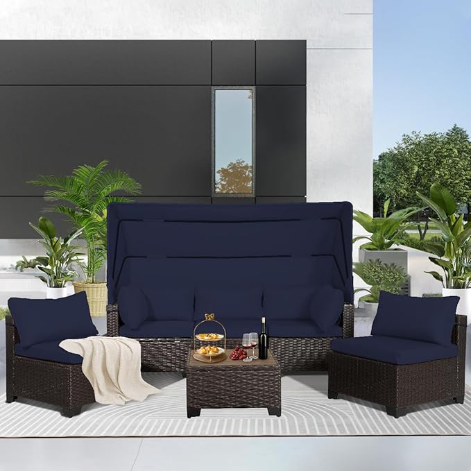 6 PCS Outdoor Patio Furniture Set,Sectional Sofa Set,Rattan Daybed with Retractable Canopy,Adjustable Backrest,Storage Coffee Table,Chaise Chair Sunbed for Garden Poolside Backyard(Navy Blue) - LeafyLoom