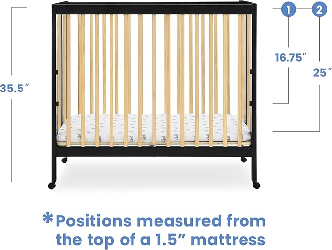 Delta Children Mia Portable Folding Mini Crib with 1.5-Inch Mattress - Greenguard Gold Certified, Ebony Black/Natural - LeafyLoom