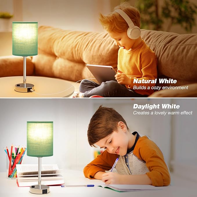 Green Bedside Table Lamps for Bedroom Set of 2 - Touch Nightstand Lamp with USB-A+C Charging Ports & AC Outlet - 3 Way Dimmable Small Desk Lamp White for Office, Living Room, Reading - LeafyLoom