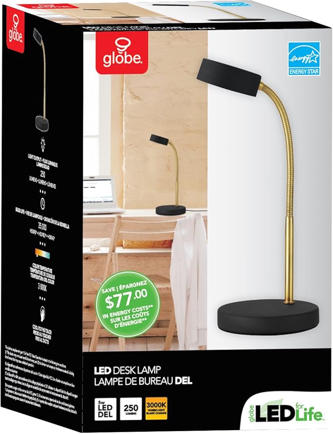 Globe Electric 30061 Desk Lamp, Gold Gooseneck, Matte Black Finish, 5W Energy Star Integrated LED, 250 Lumens 30061, 15.45", Black & Gold - LeafyLoom